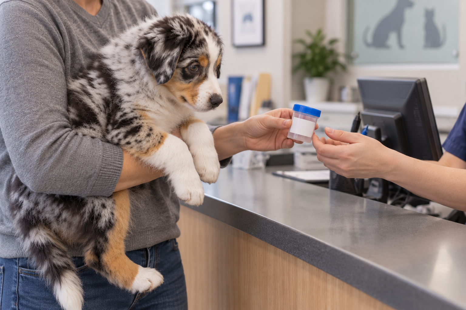 Majiteľ odovzdáva označenú vzorku stolice šteniatka na veterinárnej klinike